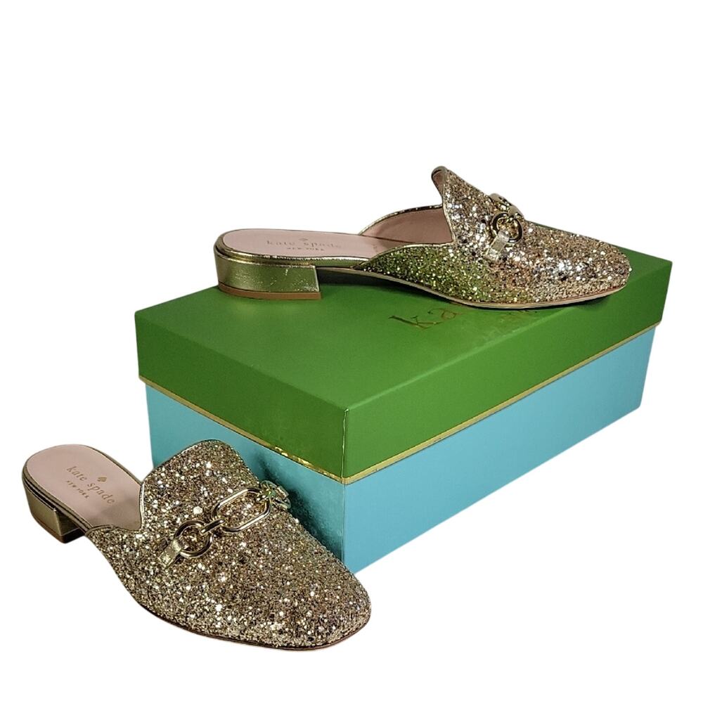Kate Spade New York Glendi Gold Glitter Slip On Mules Womens Size 5.5 NEW